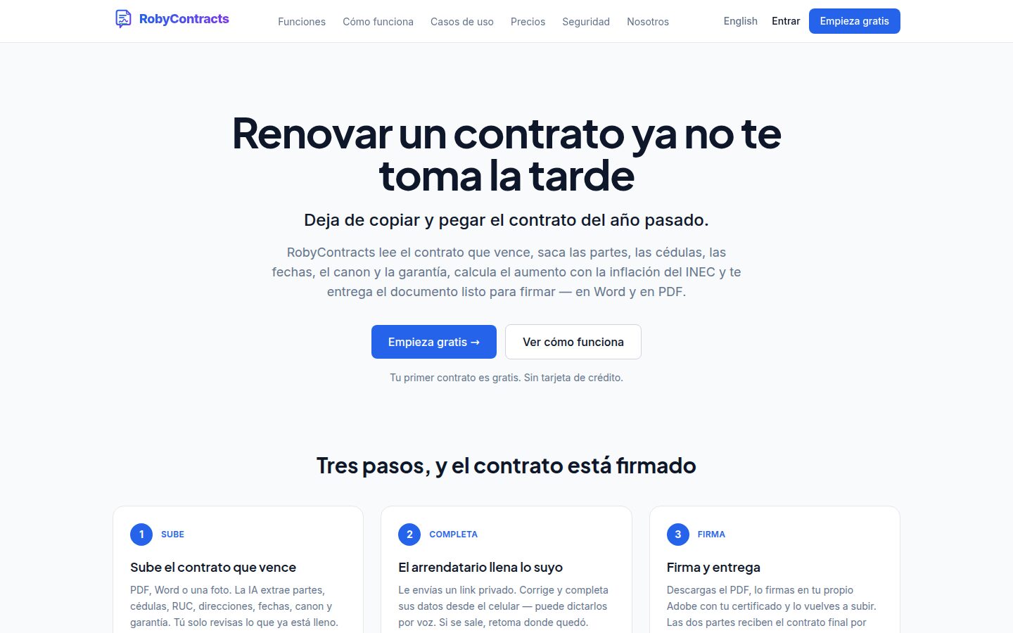 La página principal de RobyContracts: renovar un contrato en tres pasos